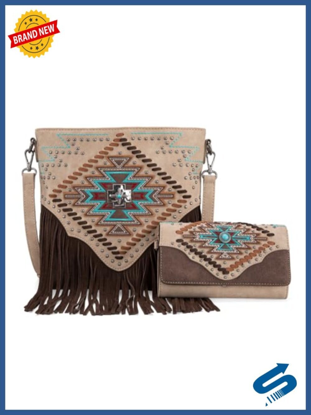 Faux Leather Western Crossbody Bag with Wallet Set Aztec Fringe